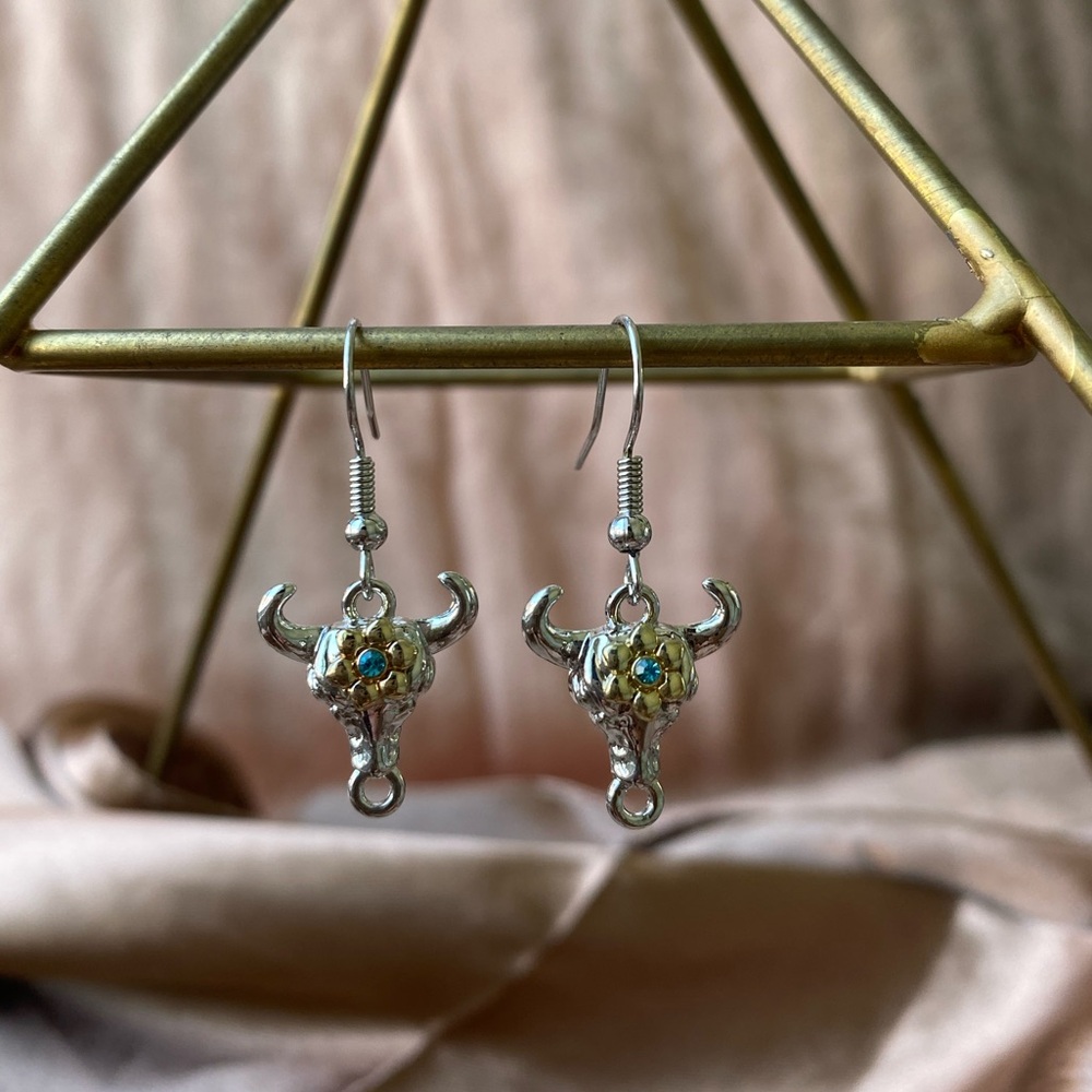Silver Bull Earrings with Flower Blue Gem